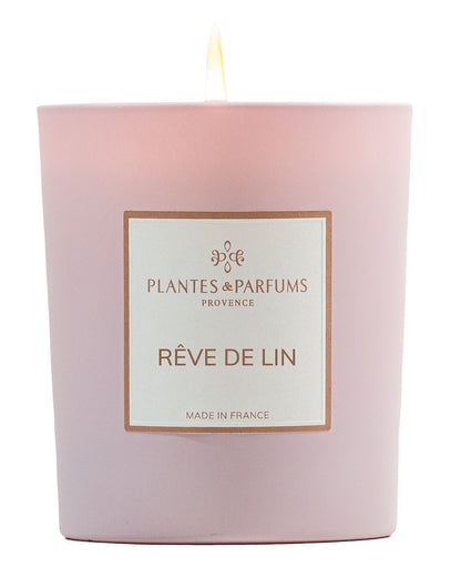Bougie parfumée 180 g, fragrance Rêve de lin de Plantes & Parfums à la cire de soja dans un contenant en verre rose mat.