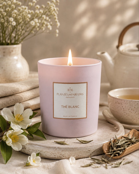 Bougie parfumée 180 g, fragrance Thé blanc de Plantes & Parfums à la cire de soja dans un contenant en verre rose mat, ambiance frais.
