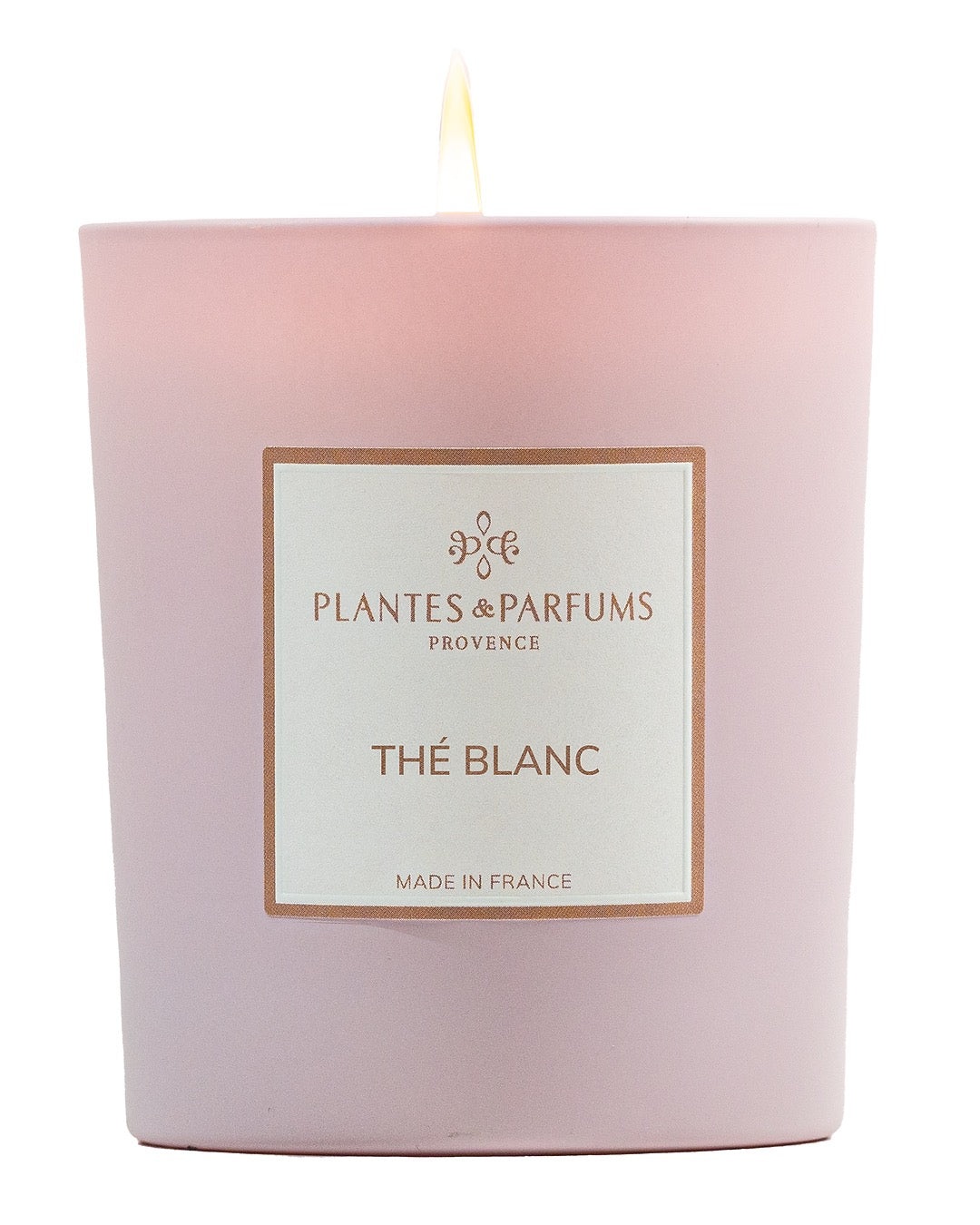 Bougie parfumée 180 g, fragrance Thé blanc de Plantes & Parfums à la cire de soja dans un contenant en verre rose mat.