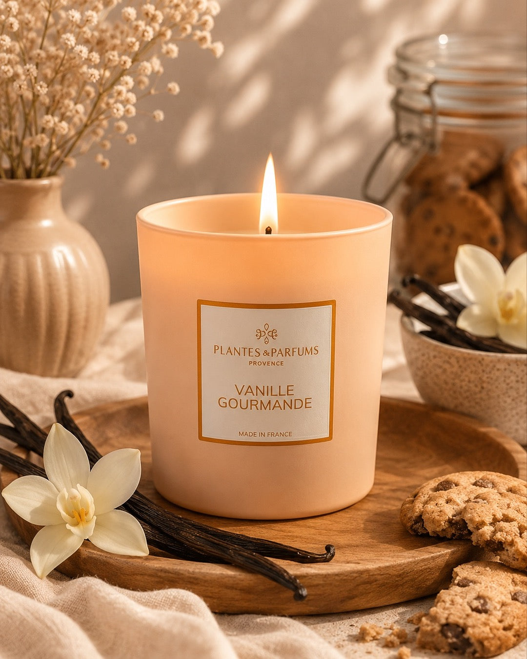 Bougie parfumée 180 g, fragrance Vanille Gourmande de Plantes & Parfums à la cire de soja dans un contenant en verre orange mat, ambiance Gourmande.