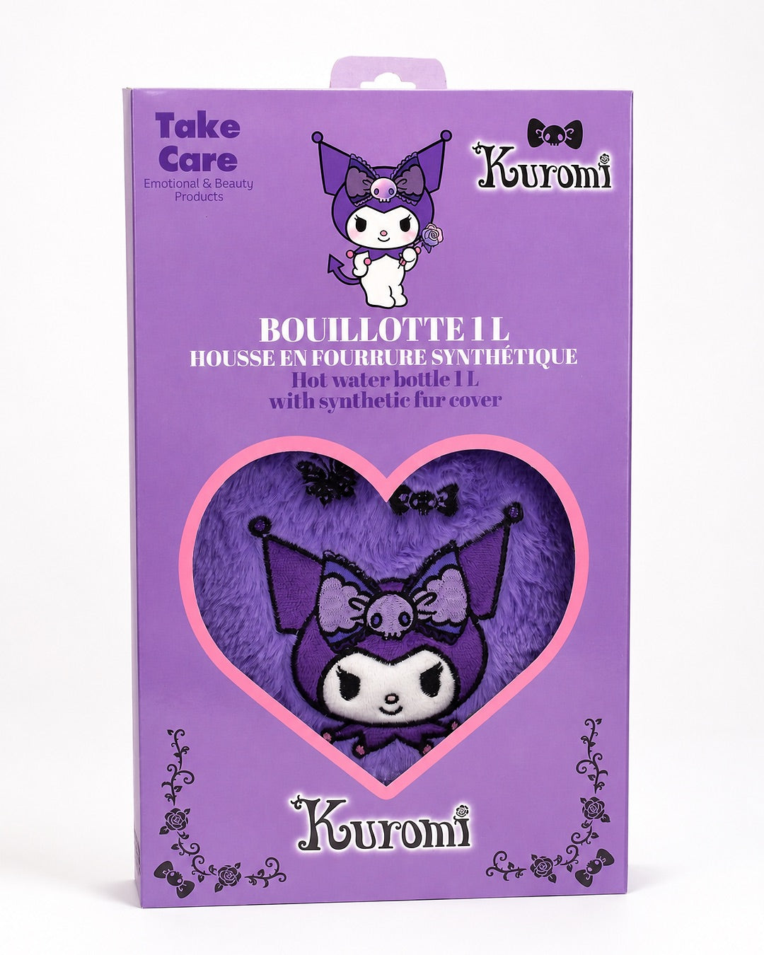 Bouillotte en peluche fausse fourrure violette Kuromi Sanrio présentée de face dans sa boîte ou son emballage cartonné d'origine.