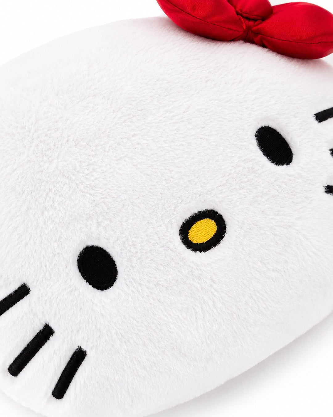 Gros plan détaillé sur le visage en peluche blanche d’Hello Kitty mettant en valeur la qualité des broderies des yeux et des moustaches.