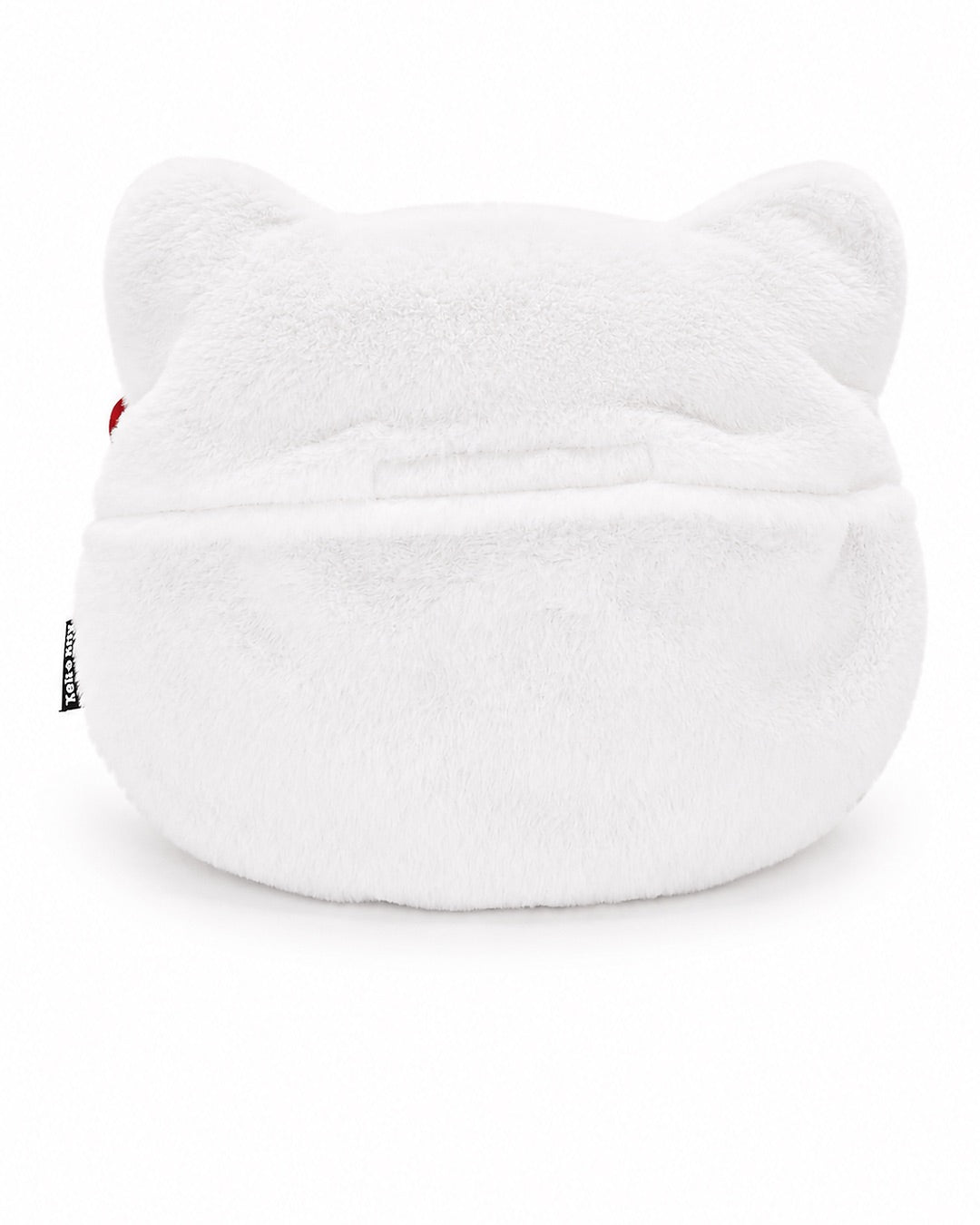 Vue arrière du coussin range-pyjama Hello Kitty montrant la fente de rangement discrète fermée dans le pelage blanc.