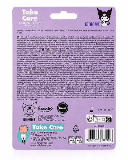 Vue arrière du carton d'emballage mauve de la boule de bain Kuromi montrant la liste des ingrédients, le code-barres et le mode d'emploi.