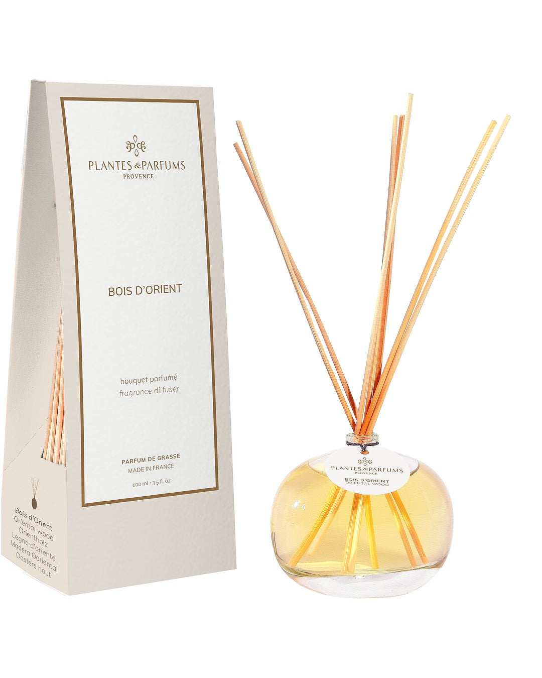 Bouquet parfumé 100 ml, fragrance Bois d’Orientde Plantes & Parfums avec bâtonnets diffuseurs et étui beige mat.