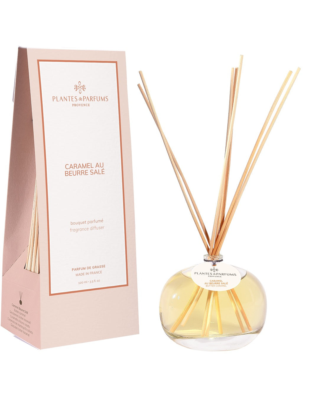 Bouquet parfumé 100 ml, fragrance Caramel beurre salé de Plantes & Parfums avec bâtonnets diffuseurs et étui orange mat.