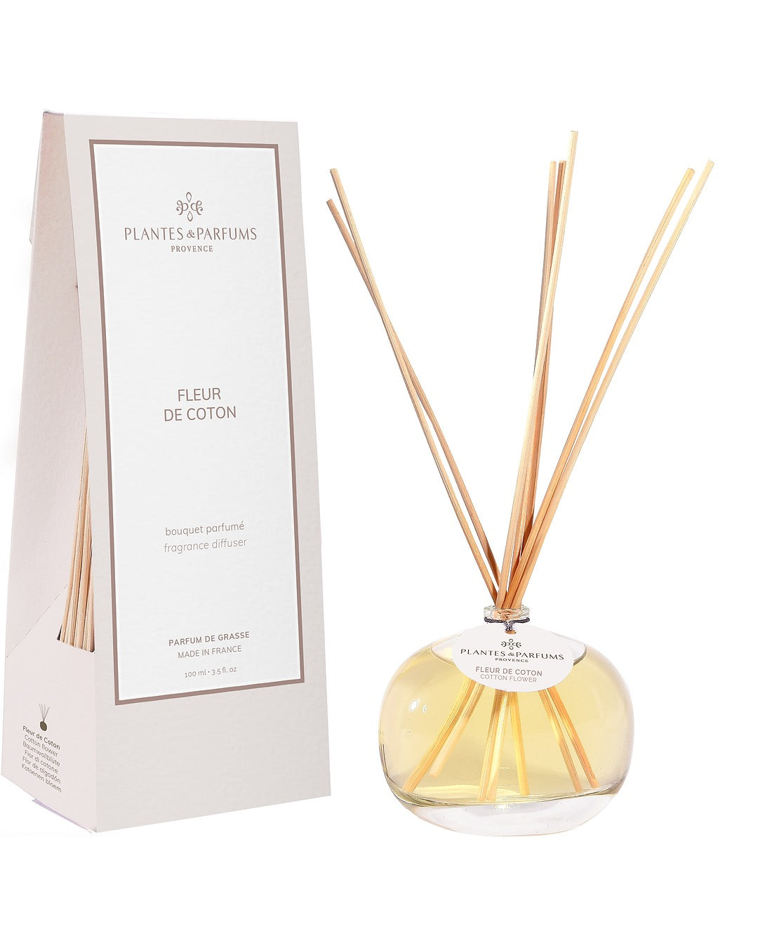 Bouquet parfumé 100 ml, fragrance Fleur de coton de Plantes & Parfums avec bâtonnets diffuseurs et étui rose mat.