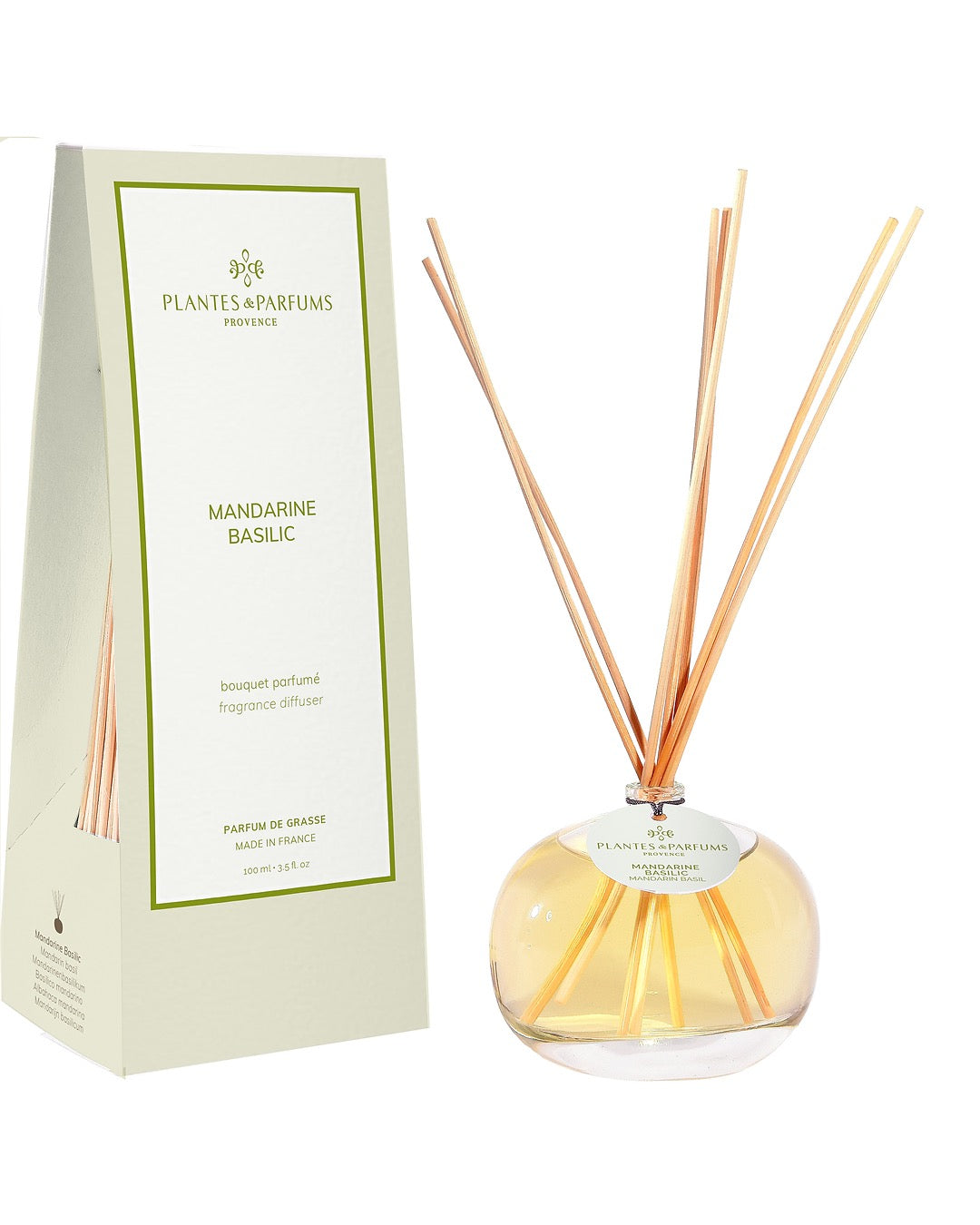 Bouquet parfumé 100 ml, fragrance Mandarine Basilic de Plantes & Parfums avec bâtonnets diffuseurs et étui vert mat.