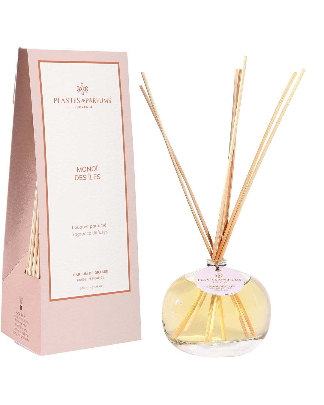 Bouquet parfumé 100 ml, fragrance Monoï des îles de Plantes & Parfums avec bâtonnets diffuseurs et étui orange mat.