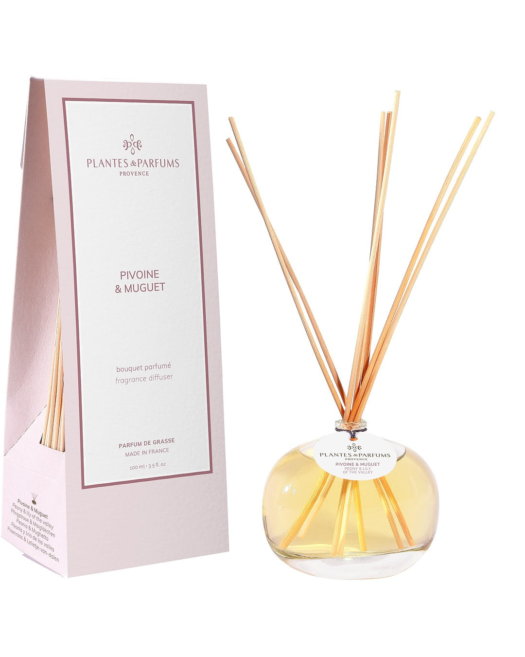 Bouquet parfumé 100 ml, fragrance Pivoine & muguet de Plantes & Parfums avec bâtonnets diffuseurs et étui rose mat.