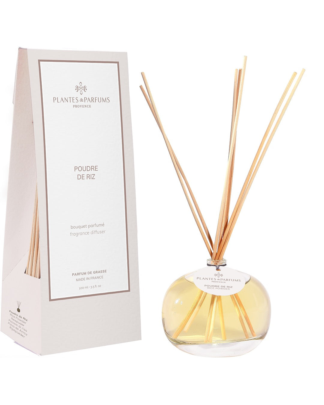 Bouquet parfumé 100 ml, fragrance Poudre de Riz de Plantes & Parfums avec bâtonnets diffuseurs et étui rose mat.