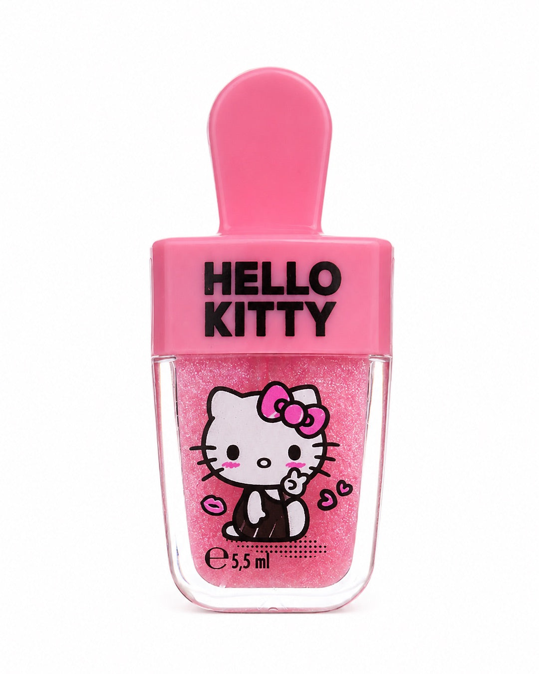 Vue de face d’un brillant à lèvres Hello Kitty de 5,5 ml parfum fraise, présenté dans un flacon transparent original en forme de glace à l’eau rose pailletée.