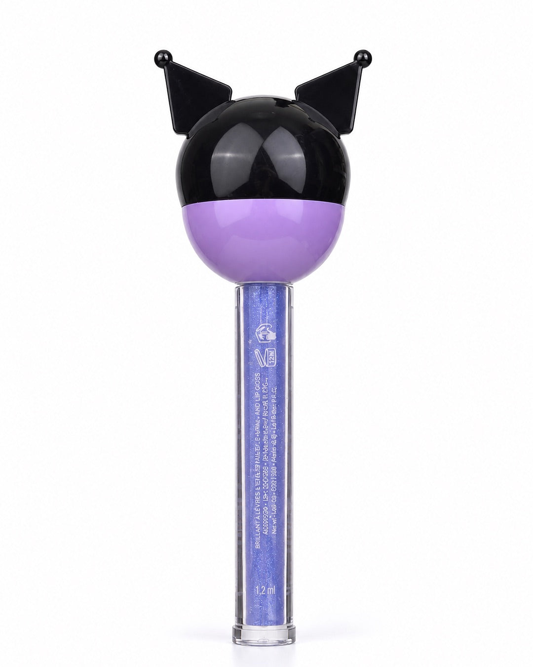 Vue arrière du brillant à lèvres en forme de suçcon violet et d'un baume à lèvres en forme de tête 3D de la figurine Kuromi de Sanrio.