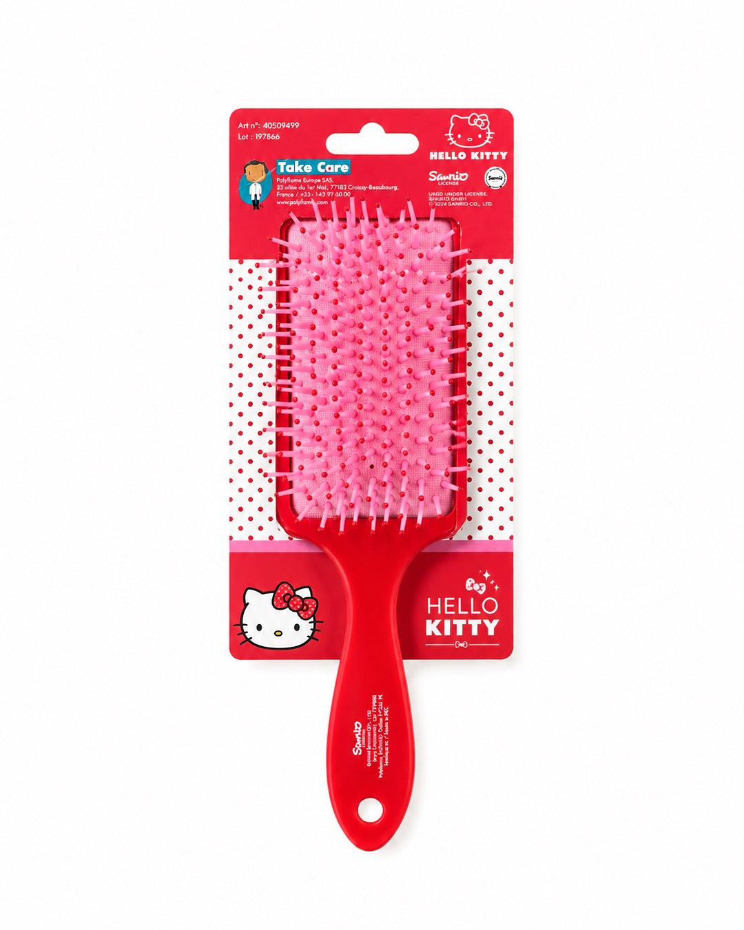 Vue arrière de la brosse sur sa carte d’emballage, affichant les informations et les logos officiels de la licence Sanrio.