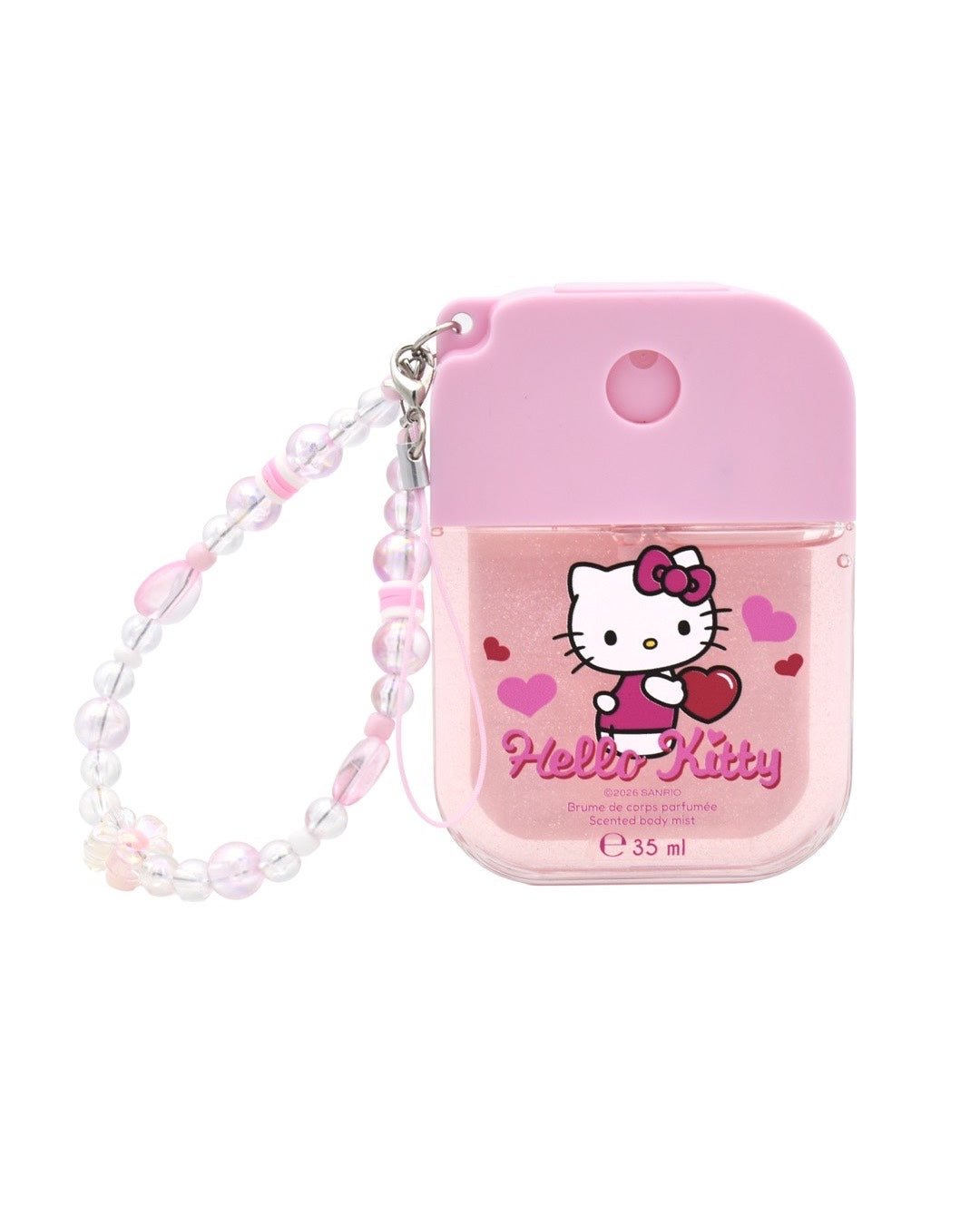 Vue de face du flacon de brume de corps parfumée de poche de 35 ml Hello Kitty, doté d’un capuchon rose et d’une dragonne en perles transparentes.