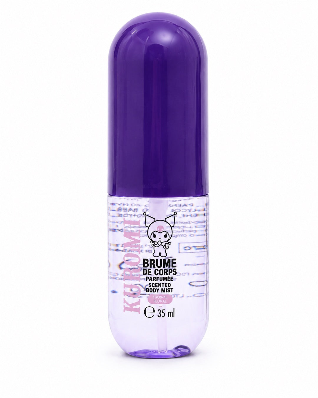 Flacon de brume pour le corps transparent au capuchon violet Kuromi Sanrio au parfum éternel floral avec formule végan de format voyage.