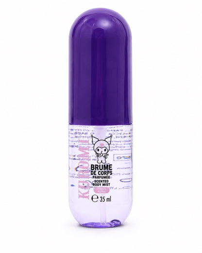 Flacon de brume pour le corps transparent au capuchon violet Kuromi Sanrio au parfum éternel floral avec formule végan de format voyage.