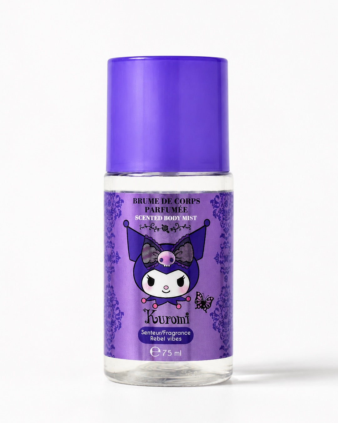 Vue de face d'un flacon transparent de brume de corps parfumée Kuromi Sanrio avec un bouchon violet foncé.