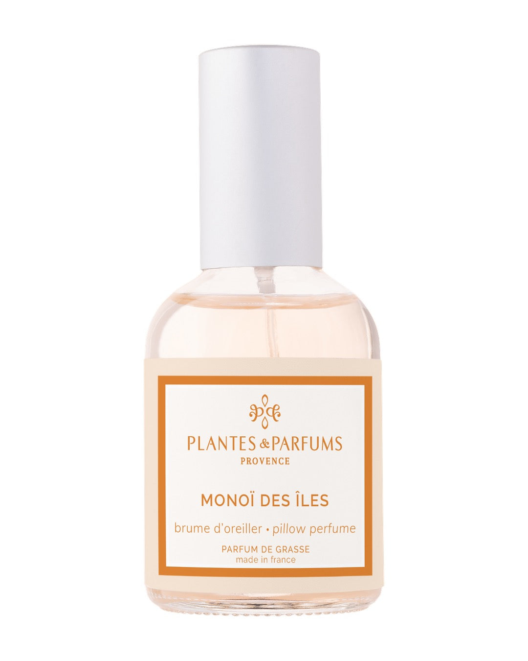 Brume d’oreiller 50 ml, fragrance Monoï des îles de Plantes & Parfums. Contenant en verre.