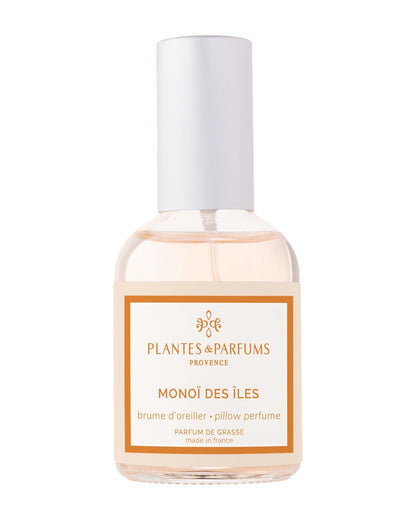 Brume d’oreiller 50 ml, fragrance Monoï des îles de Plantes & Parfums. Contenant en verre.