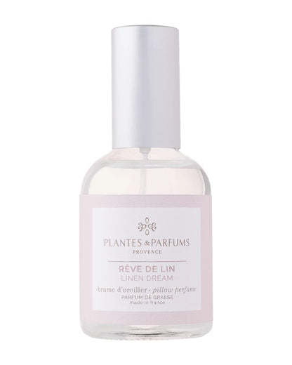 Brume d’oreiller 50 ml, fragrance Rêve de lin de Plantes & Parfums. Contenant en verre.