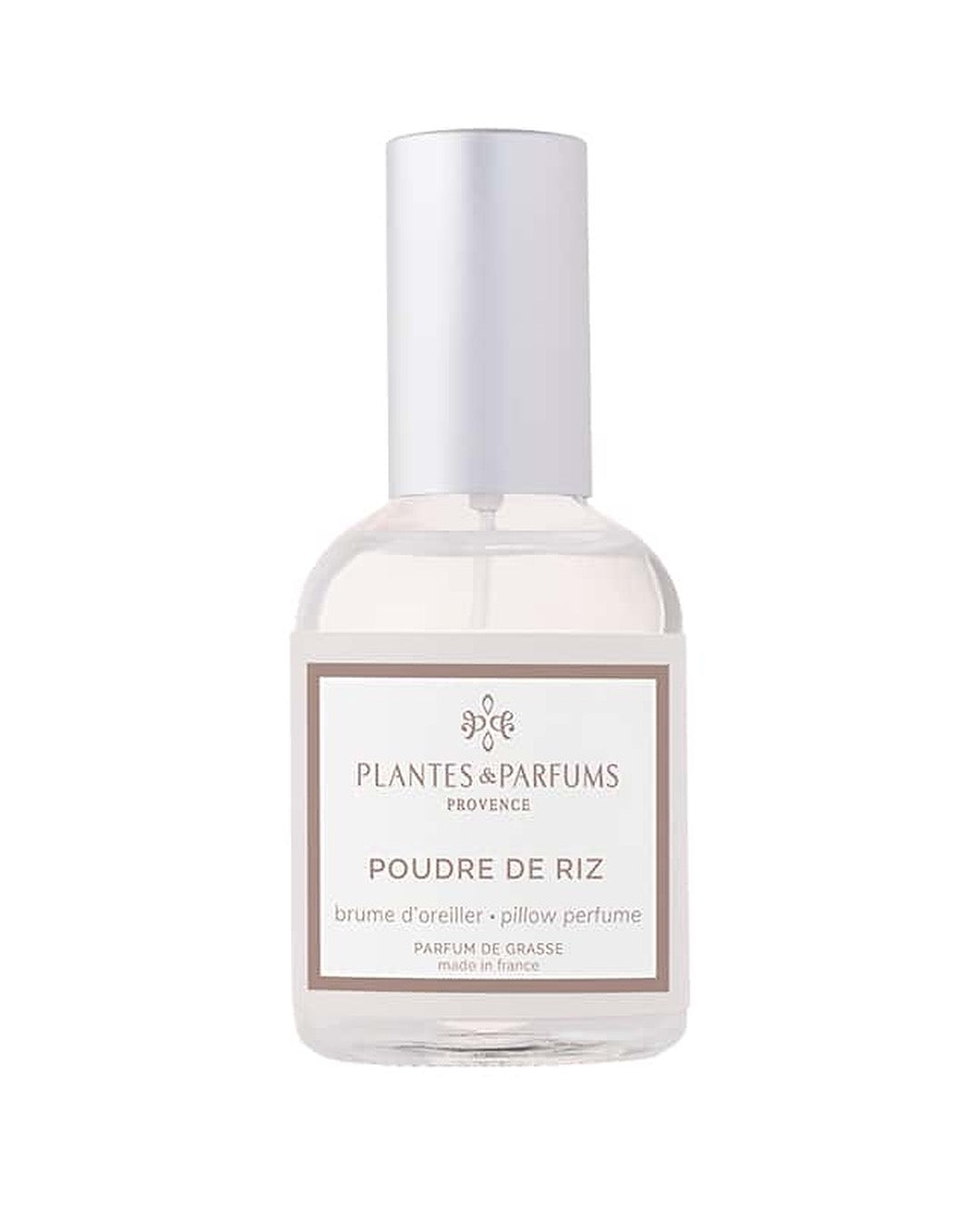 Brume d’oreiller 50 ml, fragrance Poudre de Riz de Plantes & Parfums. Contenant en verre.