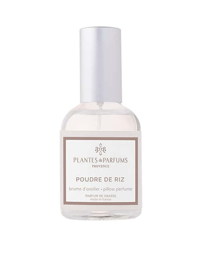 Brume d’oreiller 50 ml, fragrance Poudre de Riz de Plantes & Parfums. Contenant en verre.