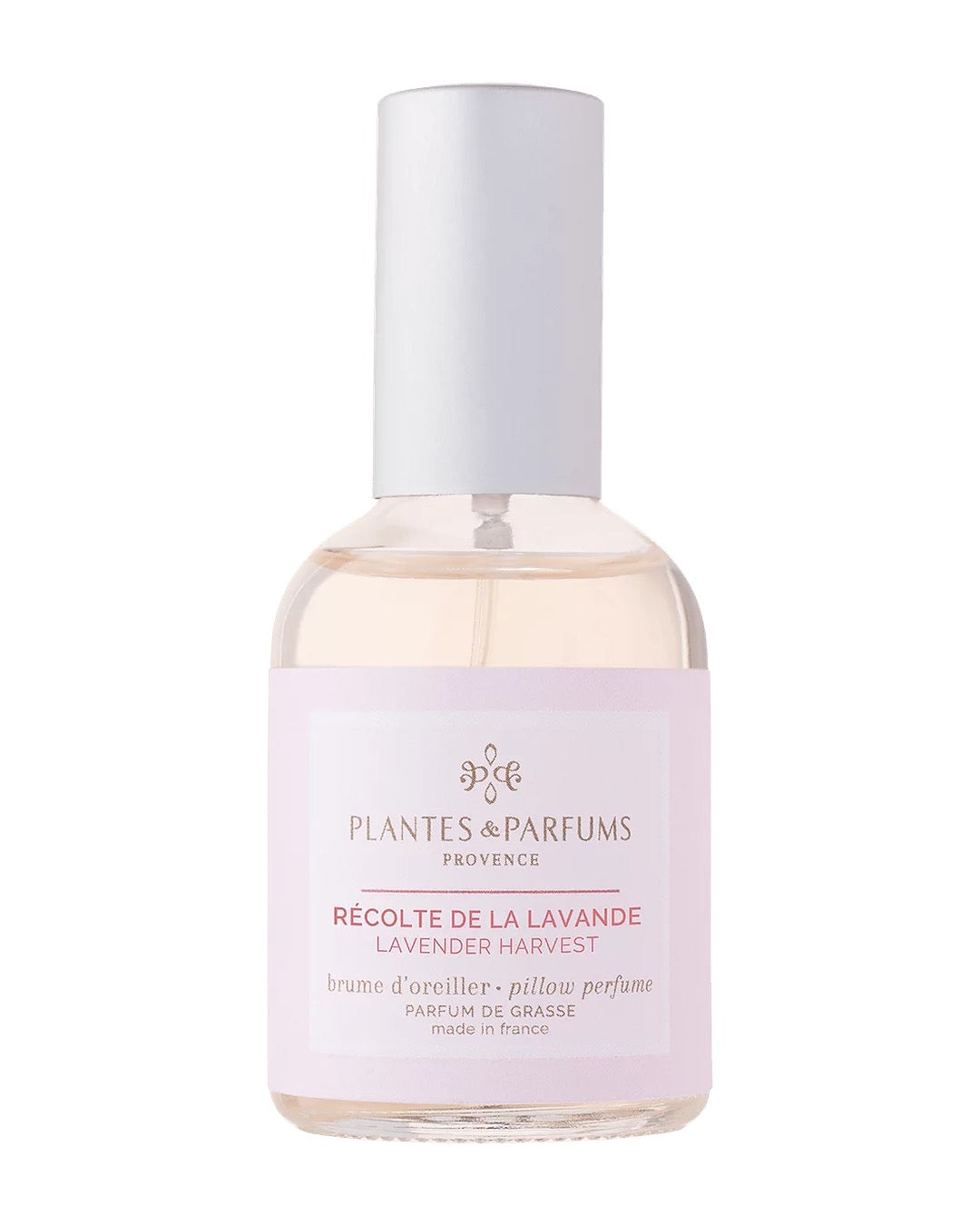 Brume d’oreiller 50 ml, fragrance Récolte de lavande de Plantes & Parfums. Contenant en verre.
