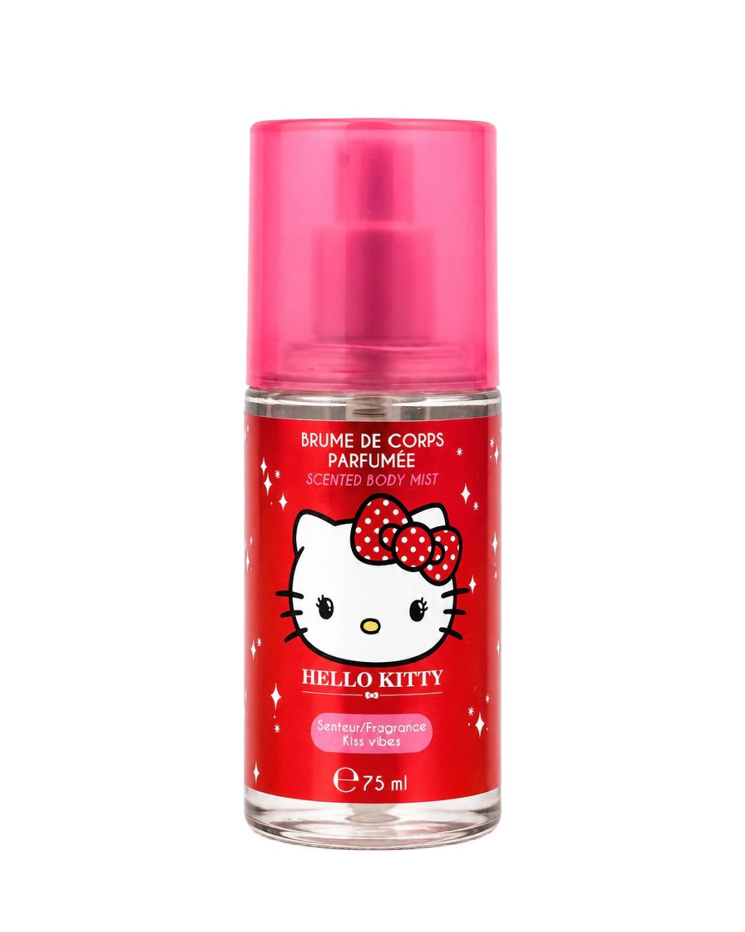 Vue de face du flacon de brume de corps parfumée Hello Kitty Kiss Vibes de 75 ml, avec son étiquette rouge et son capuchon cylindrique rose translucide.