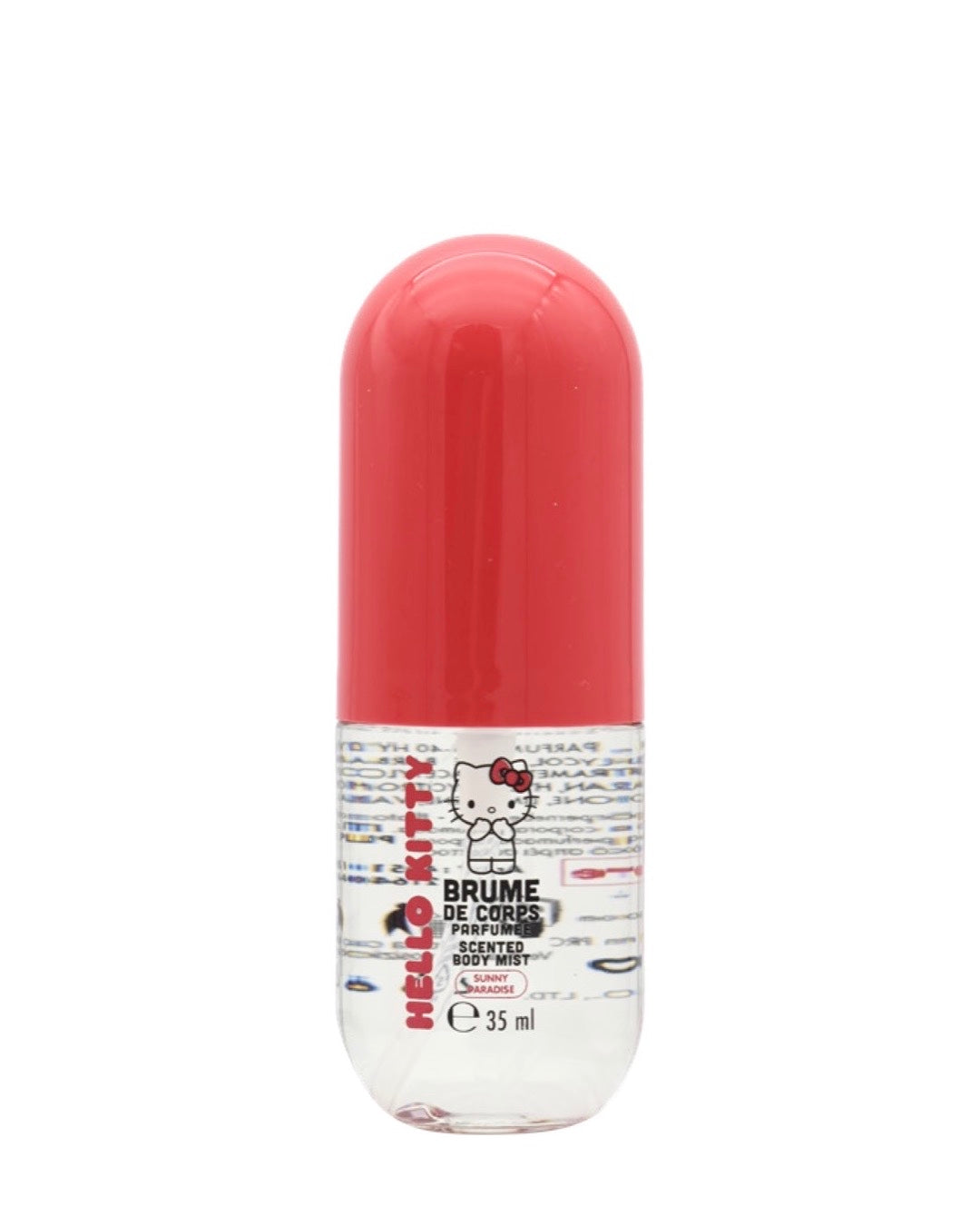 Flacon de brume de corps Hello Kitty au parfum floral, Sunny Paradise. Le contenant de 35 ml est transparent au capuchon rouge avec des écritures rouge et noir.