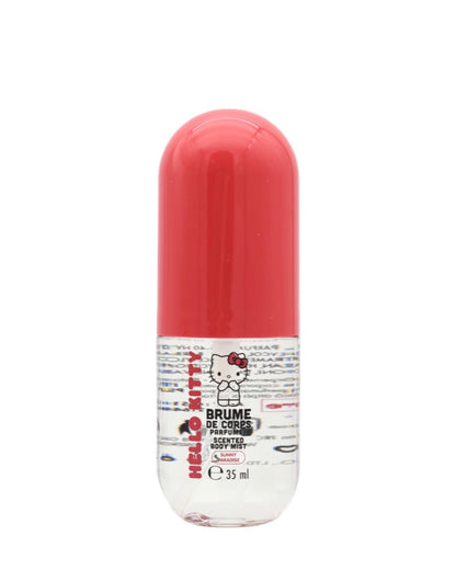 Flacon de brume de corps Hello Kitty au parfum floral, Sunny Paradise. Le contenant de 35 ml est transparent au capuchon rouge avec des écritures rouge et noir.