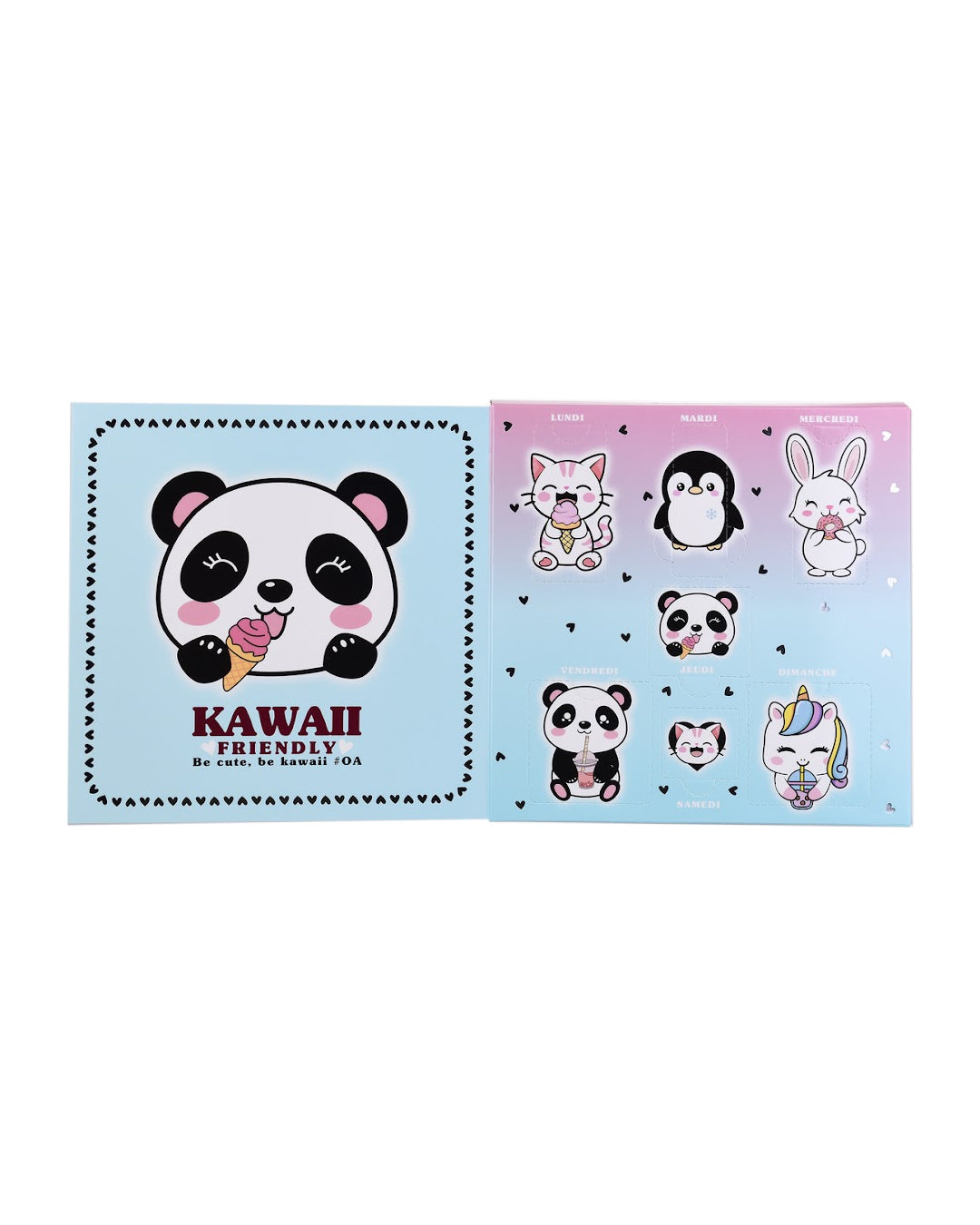 Vue intérieure du coffret beauté enfant révélant les cases surprises à ouvrir pour chaque jour de la semaine, illustrées d'animaux mignons.