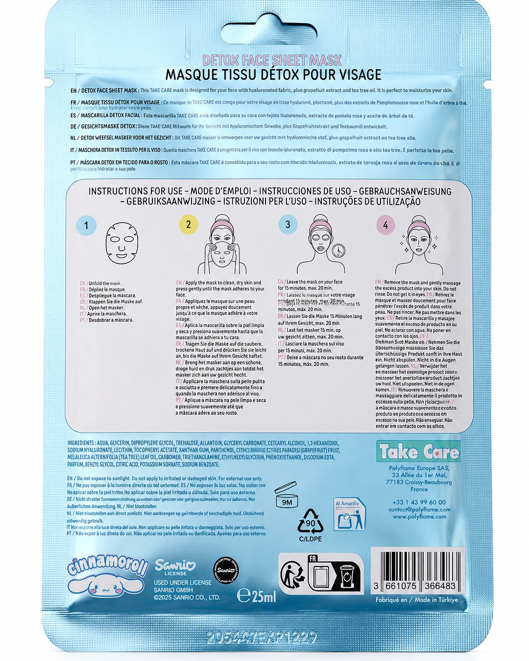 Sachet bleu métallique de masque en tissu détox pour le visage de 25 ml arborant le personnage Cinnamoroll de Sanrio avec des étoiles blanches.