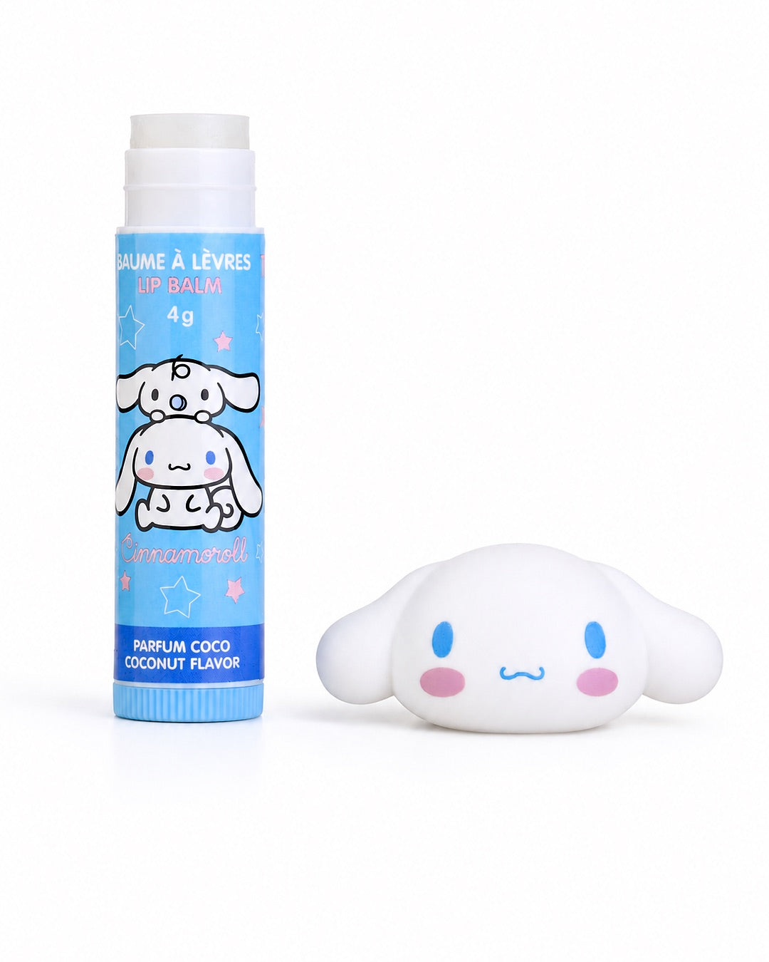 Baume à lèvres bleu de 4 g avec un bouchon en forme de tête 3D de Cinnamoroll présenté dans son emballage d'origine Take Care.