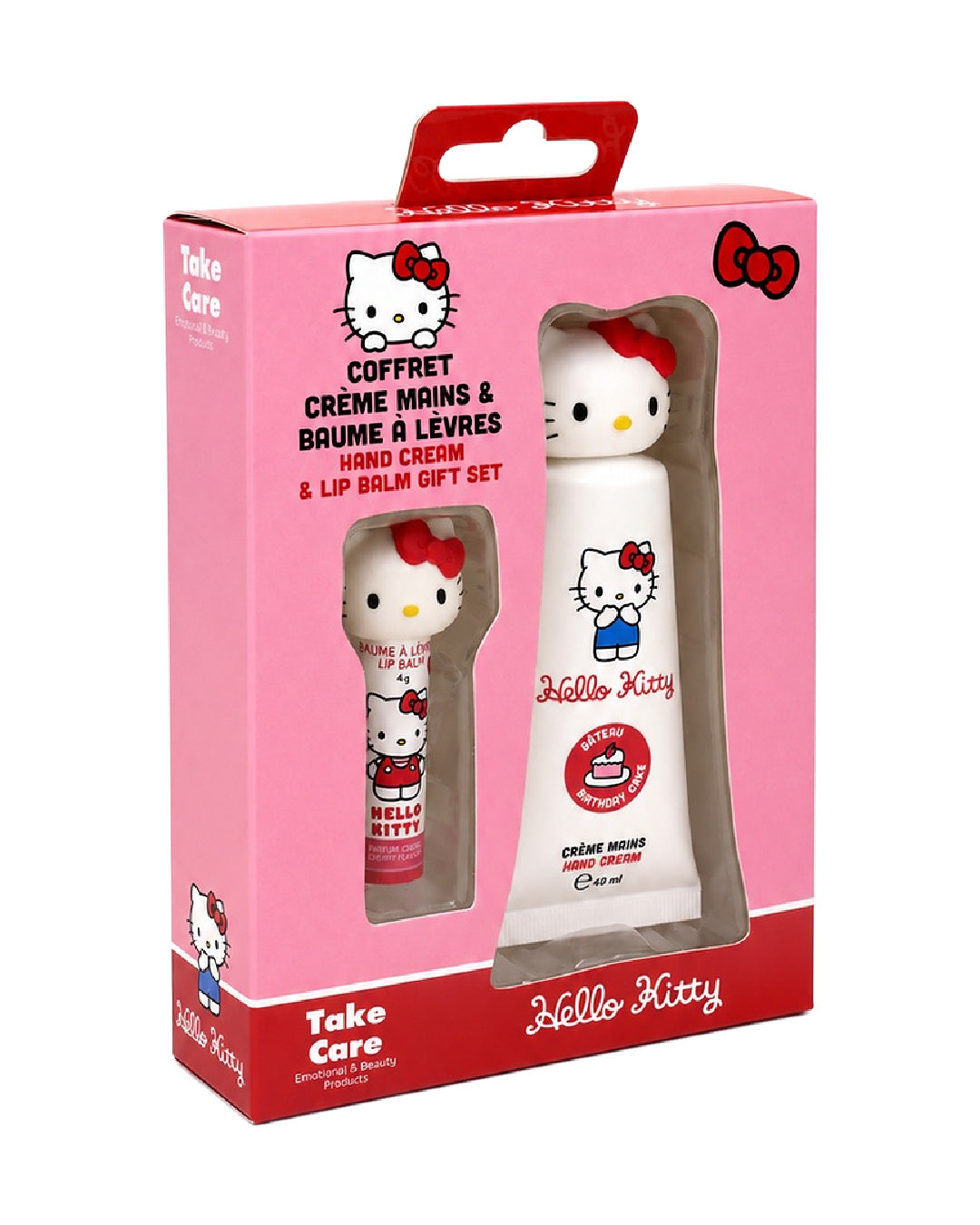 Coffret cadeau rose Take Care Hello Kitty comprenant un baume à lèvres et une crème pour les mains avec bouchons figurines 3D en relief.