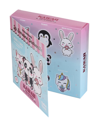 Vue en perspective du coffret "La Semaine Enchantée" mettant en valeur son format livre et ses détails soignés rose et bleu pastel.