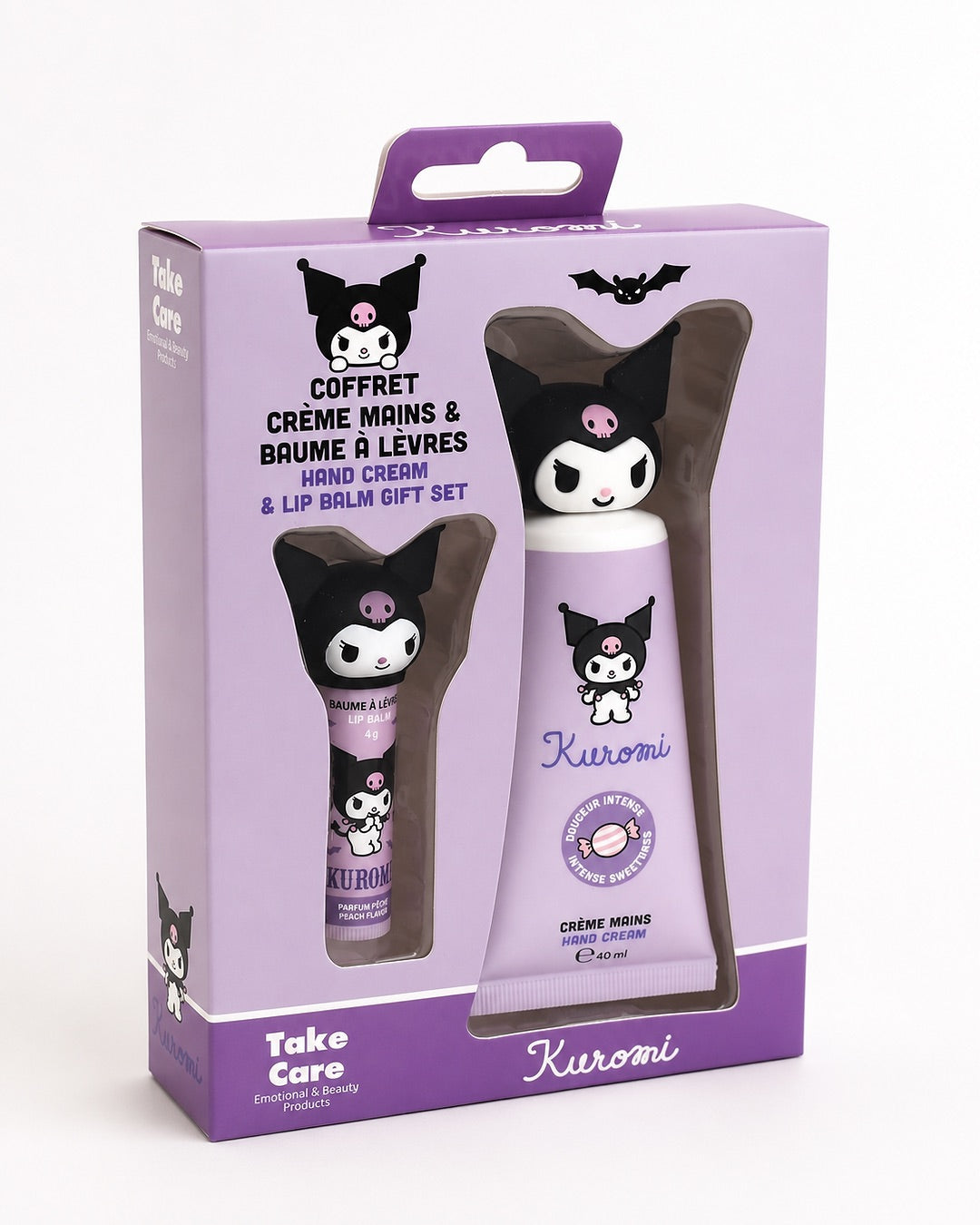 Vue de face du coffret cadeau violet Kuromi Sanrio comprenant une crème mains et un baume à lèvres.
