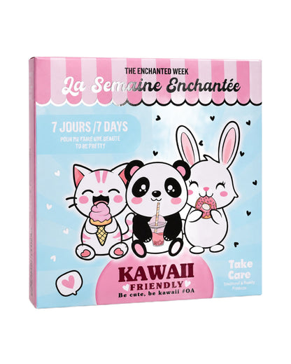 Face avant du coffret cadeau de maquillage pour enfant "La Semaine Enchantée" aux motifs Kawaii, illustré d'un chat, d'un panda et d'un lapin pastel gourmands.