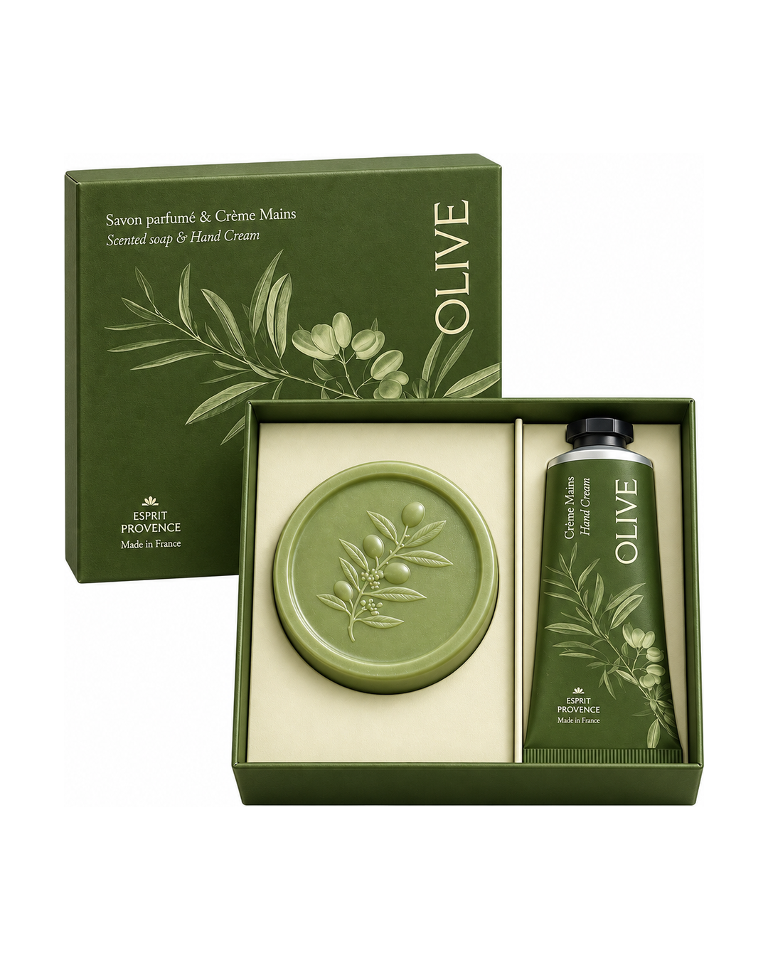 Coffret savon et crème mains à l’huile d’olive. Signé Esprit Provence. Fond blanc.
