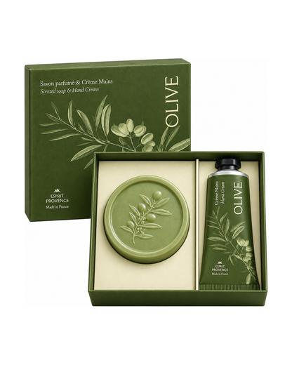 Coffret savon et crème mains à l’huile d’olive. Signé Esprit Provence. Fond blanc.