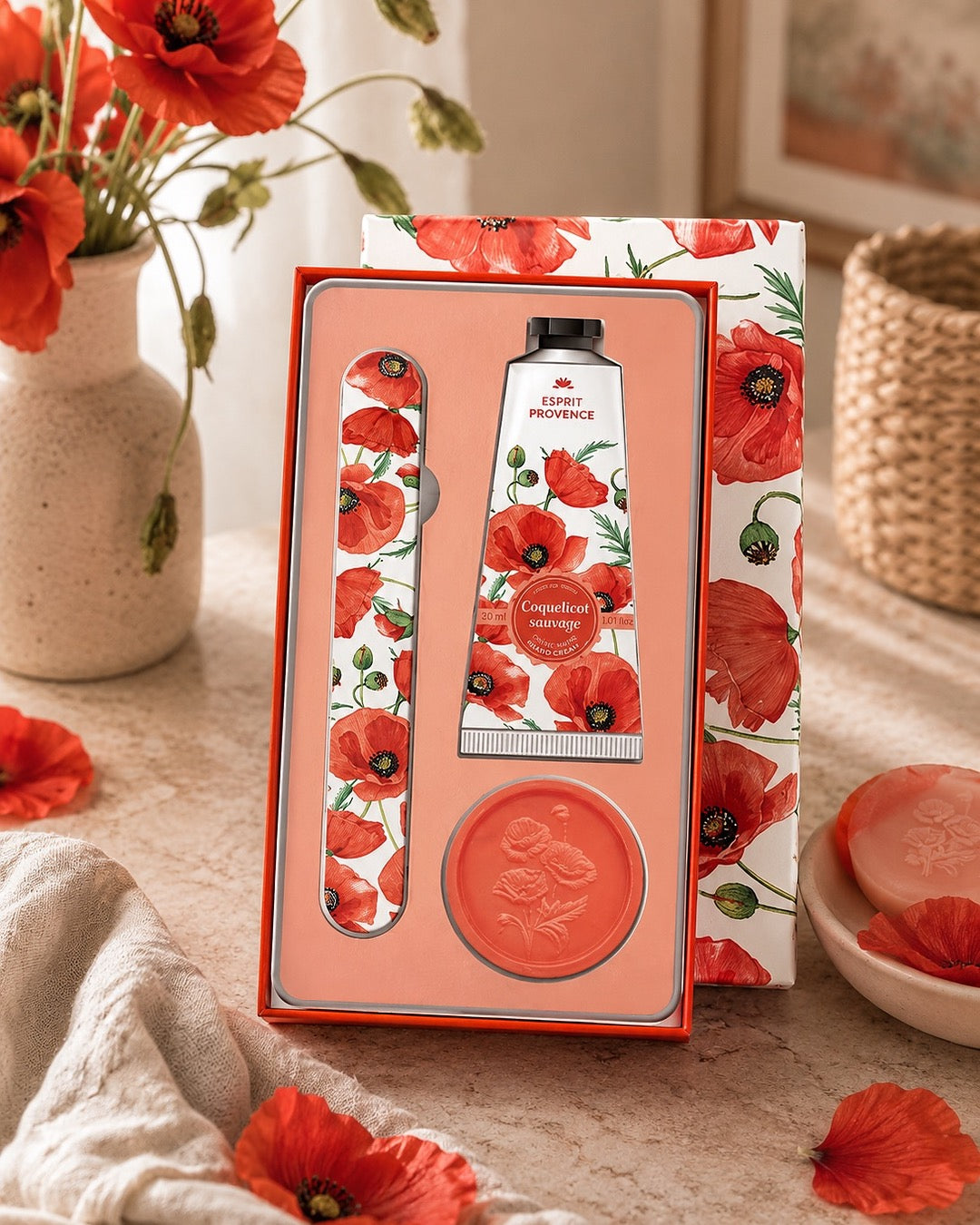 Coffret soins des mains, au parfum de Coquelicot Sauvage, signé Esprit Provence. Il réunit un savon, une lime à ongles et une crème dans un jolie coffret entouré par son ambiance olfactive.