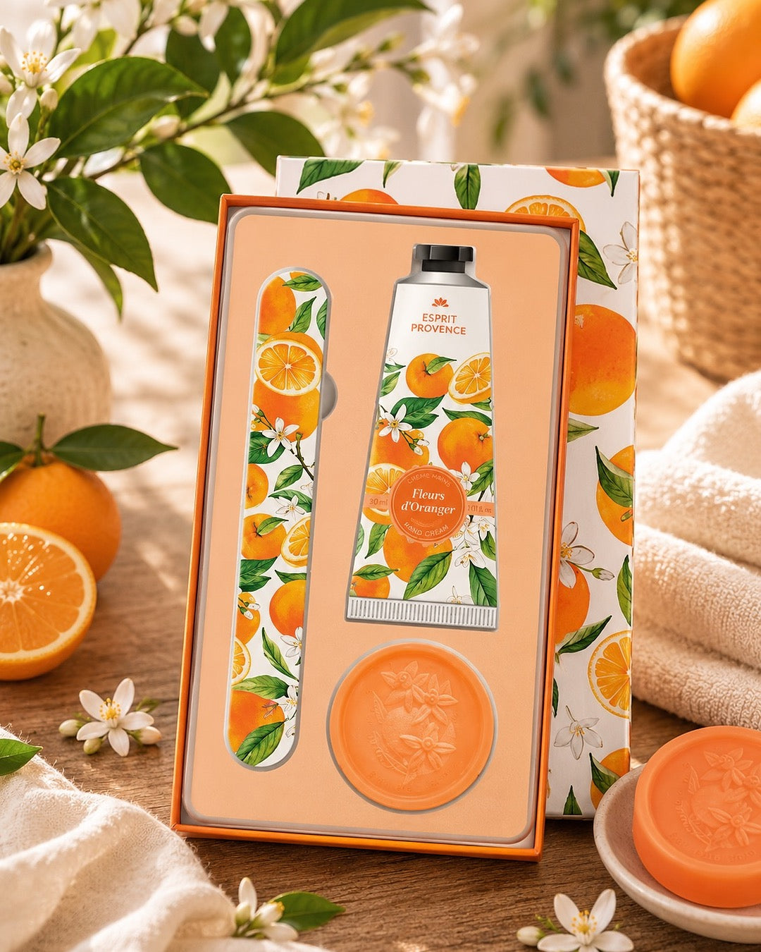 Coffret soins des mains, au parfum de Fleurs d'Oranger, signé Esprit Provence. Il réunit un savon, une lime à ongles et une crème dans un jolie coffret entouré par son ambiance olfactive.