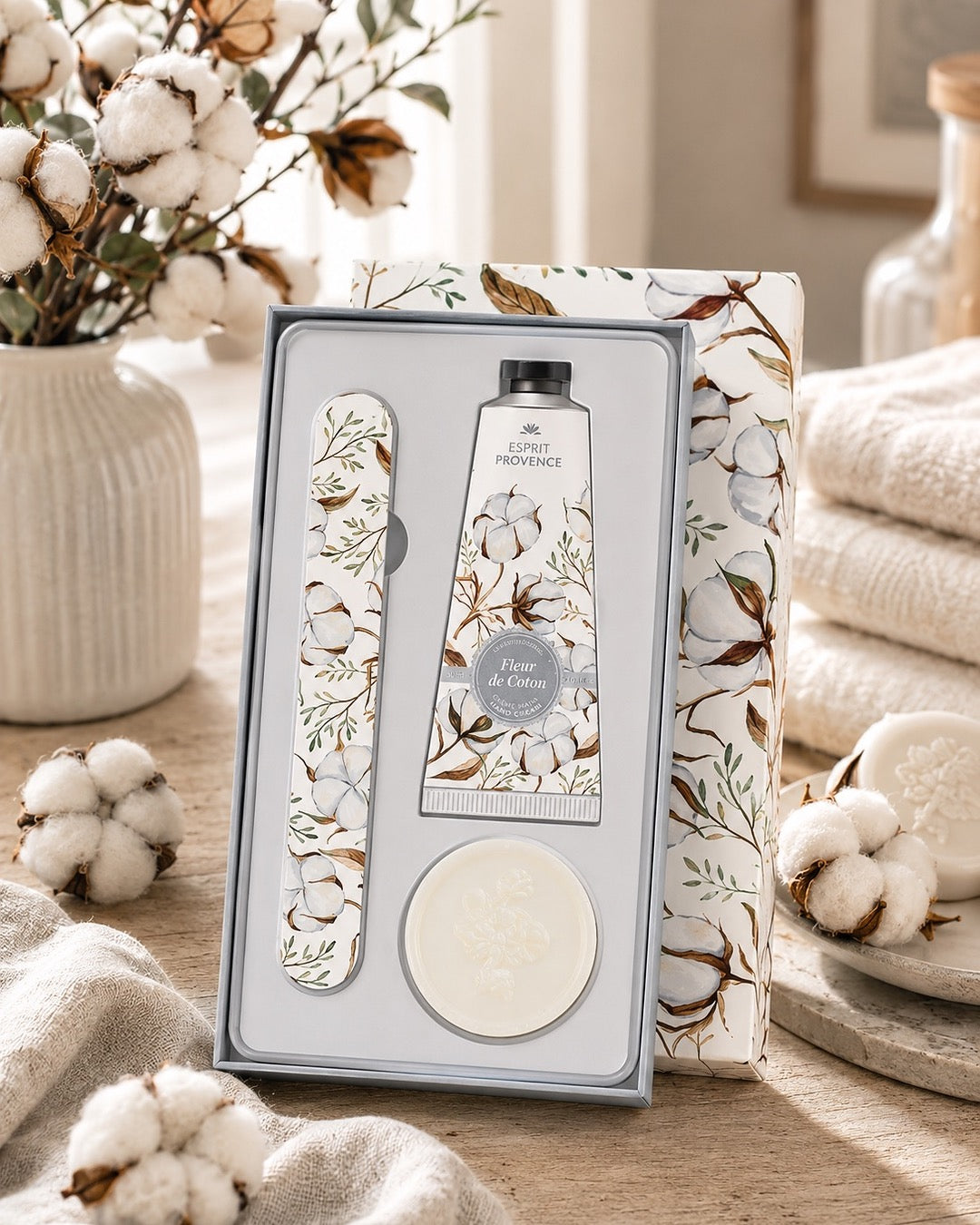 Coffret soins des mains, au parfum de Fleurs de Coton, signé Esprit Provence. Il réunit un savon, une lime à ongles et une crème dans un jolie coffret entouré par son ambiance olfactive.