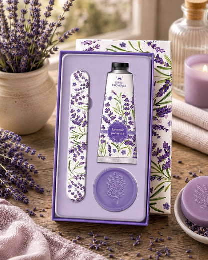 Coffret soins des mains, au parfum de Lavande Précieuse, signé Esprit Provence. Il réunit un savon, une lime à ongles et une crème dans un jolie coffret entouré par son ambiance olfactive.