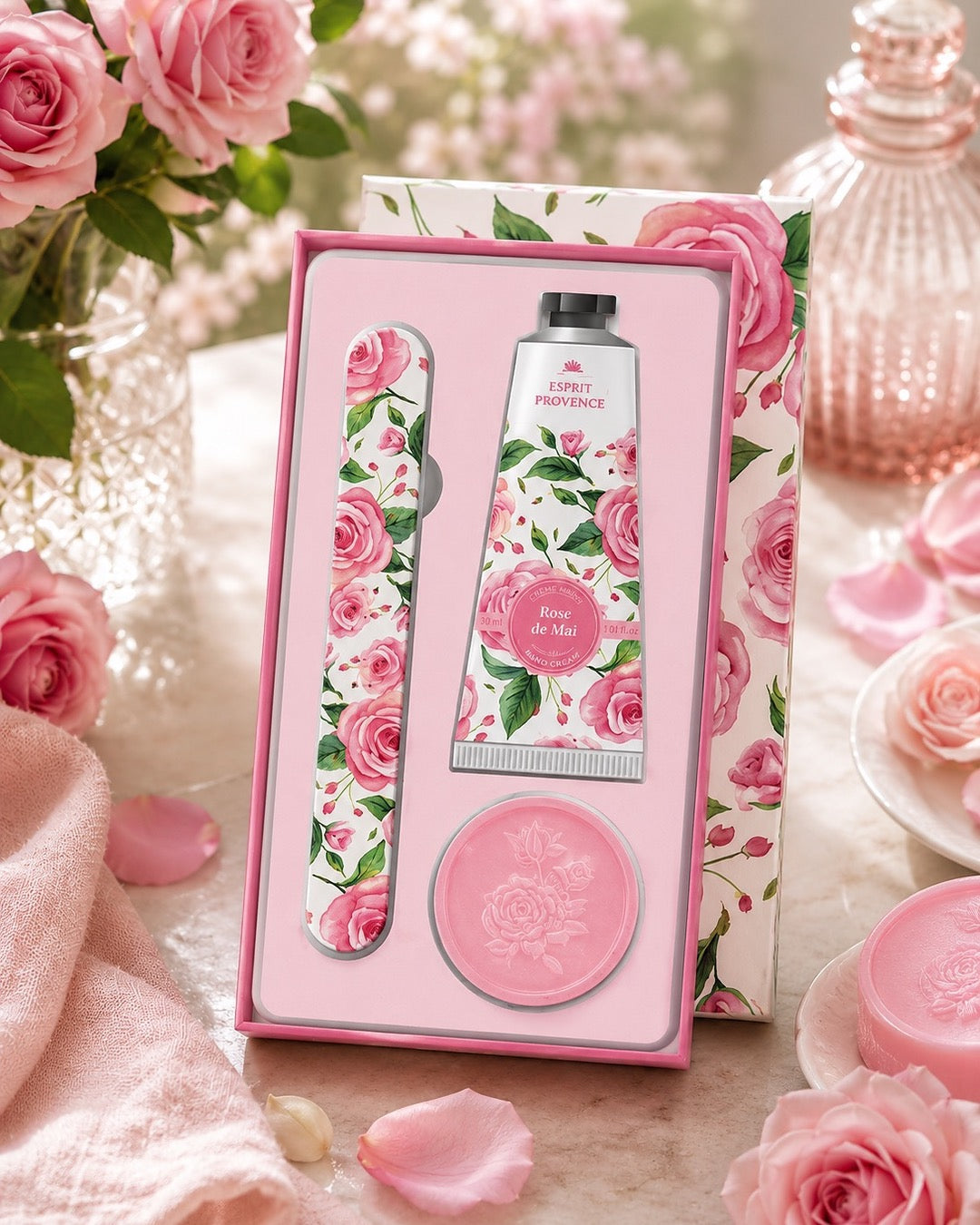 Coffret soins des mains, au parfum de Rose de Mai, signé Esprit Provence. Il réunit un savon, une lime à ongles et une crème dans un jolie coffret entouré par son ambiance olfactive.
