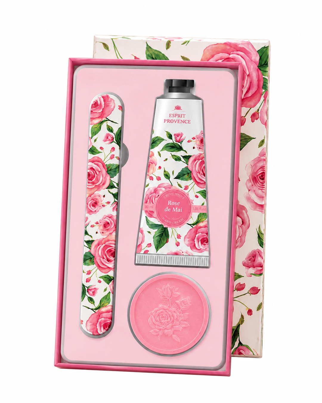 Coffret soins des mains, au parfum de Rose de Mai, signé Esprit Provence. Il réunit un savon, une lime à ongles et une crème dans un jolie coffret.