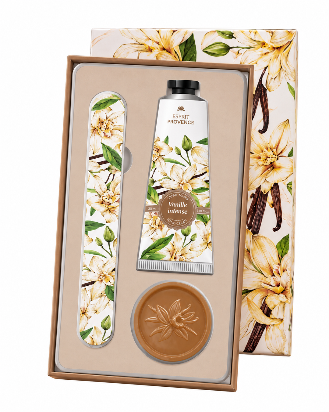 Coffret soins des mains, au parfum de Vanille Intense, signé Esprit Provence. Il réunit un savon, une lime à ongles et une crème dans un jolie coffret.