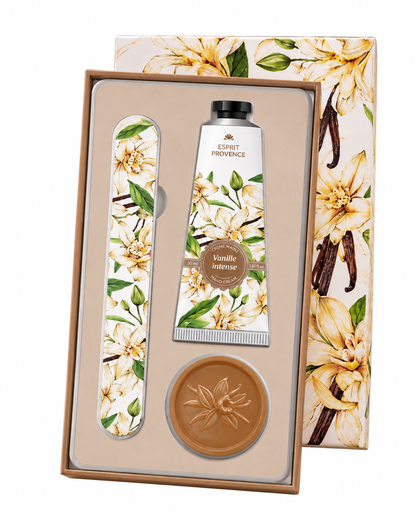Coffret soins des mains, au parfum de Vanille Intense, signé Esprit Provence. Il réunit un savon, une lime à ongles et une crème dans un jolie coffret.