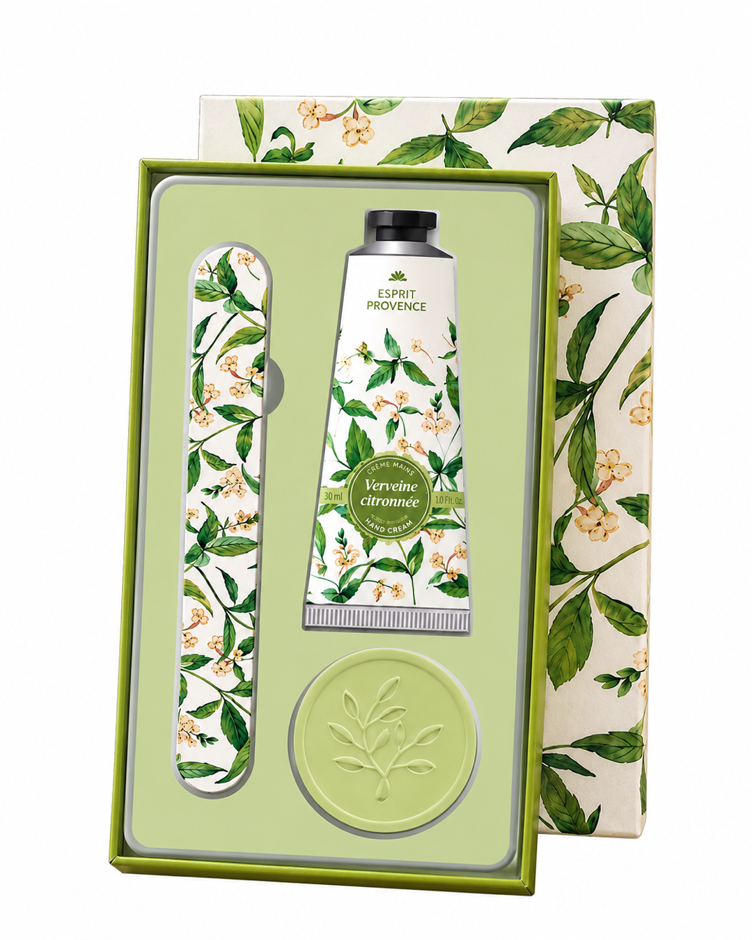 Coffret soins des mains, au parfum de Verveine citronnée, signé Esprit Provence. Il réunit un savon, une lime à ongles et une crème dans un jolie coffret.