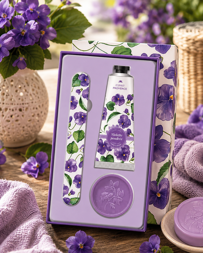 Coffret soins des mains, au parfum de Violette en fleurs, signé Esprit Provence. Il réunit un savon, une lime à ongles et une crème dans un jolie coffret entouré par son ambiance olfactive.